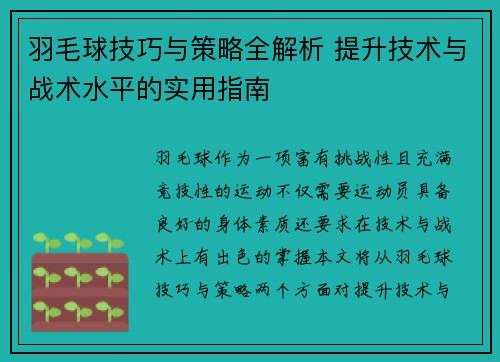 羽毛球技巧与策略全解析 提升技术与战术水平的实用指南
